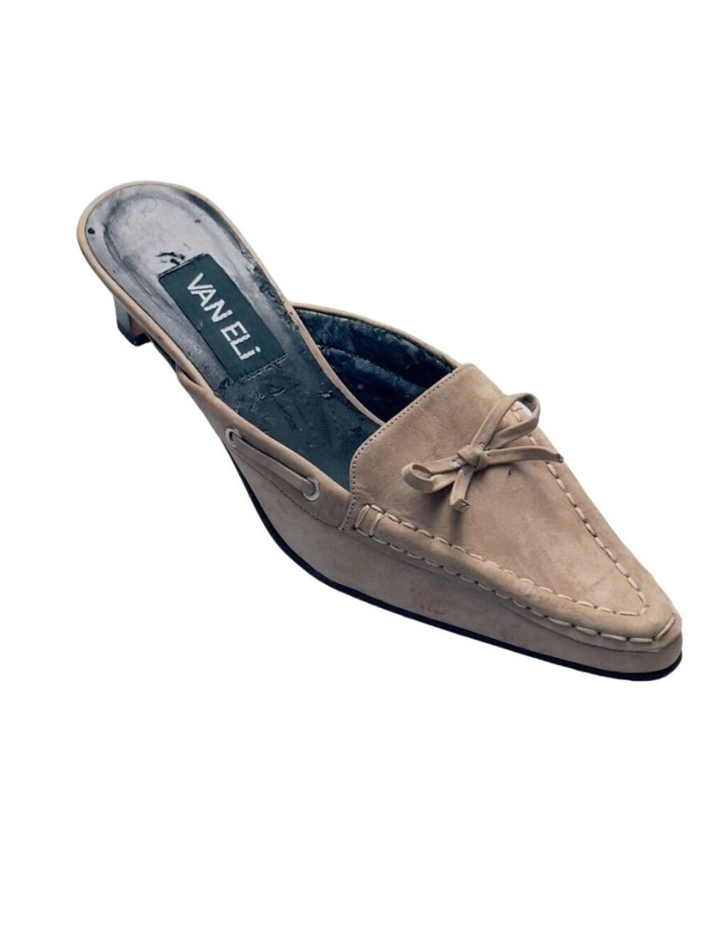 VAN ELI Womens Shoes Beige Suede Leather Kitten Heel Mules Moccasin Look Size 7M